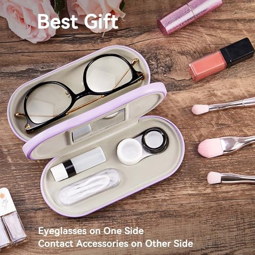 Muf 2 in 1 Contact Lens Case and Glasses Case, Double Sided Design with Mirror, Portable Travel Kit with Tweezer, Remover and Solution Bottle, Purple