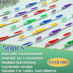 Comdian 50 Pcs Toothbrush Bulk Disposable, Travel Toothbrushes Pack, Soft Bristle Individually Wrapped and Good Cleaning for Kids, Adult and The Elderly. Suitable for Hotel, Travel, Home, Donated