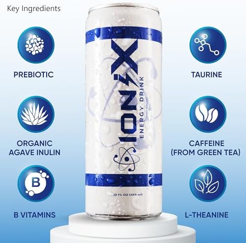Zero Sugar Energy Drink - ionix Nootropic Drink to Boost Focus and Mood with L-Theanine, Natural Green Tea Caffeine, Vitamins & Prebiotic for Gut Health - 12 fl oz Cans (Pack of 12)