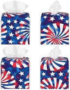 Tissue Box Cover American 4th of July Blue Red Elements Square PU Leather Tissue Box Holder for Car Bathroom Bedroom Desk Tabletop Decor