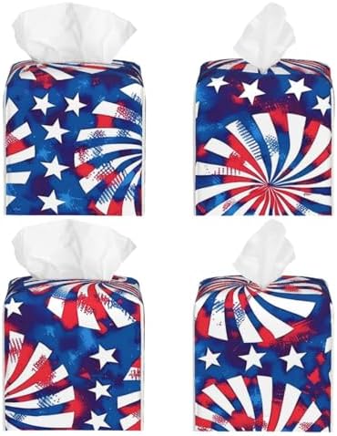 Tissue Box Cover American 4th of July Blue Red Elements Square PU Leather Tissue Box Holder for Car Bathroom Bedroom Desk Tabletop Decor