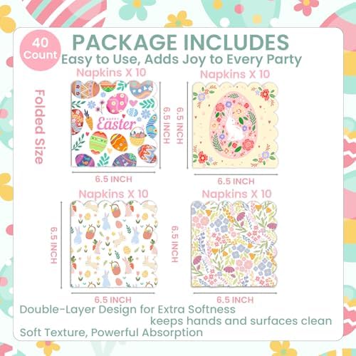 Easter Decoupage Napkins 40PCS, Scalloped Paper Dinner Napkins 13 x 13 Inch (6.5 x 6.5 Inch Folded), Bunny, Floral & Easter Egg Designs, Disposable Spring Party Napkins Table Decorations