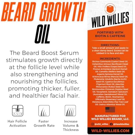 Wild Willies Beard Growth Serum for Men - Natural Beard Serum with Biotin, Caffeine & Essential Beard Oil for Fuller, Thicker Facial Hair Enhancer - Daily Grooming, Nourishes & Hydrates Facial Hair
