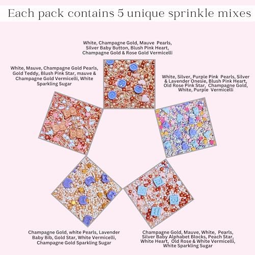 Confect Girls Baby Shower Sprinkles Gender Reveal Mix Gold, Silver, Baby Blue & Lavander Sprinkles Pack of 5 Assorted Edible Vegan, Gluten-Free, Nut-Free, Soy-Free, Dairy-Free, Palm Oil-Free - 5 Oz