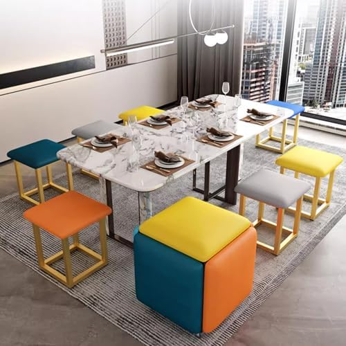 5 in 1 Nesting Ottoman Cube Chair, Movable Stackable Stools with Wheels, Square Leather Foot Stool for Living Room Dining Room(13.7", Orange)