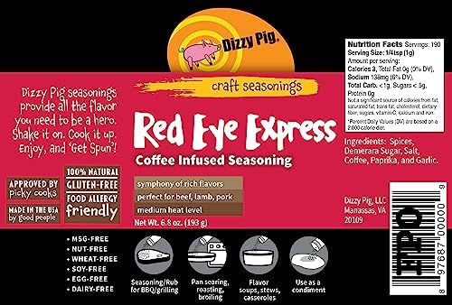 Dizzy Pig Red Eye Express Coffee-Infused Seasoning Rub (8oz Shaker) - Seasons 30+lbs of Food - Hand Made in the USA - MSG Free, Gluten Free
