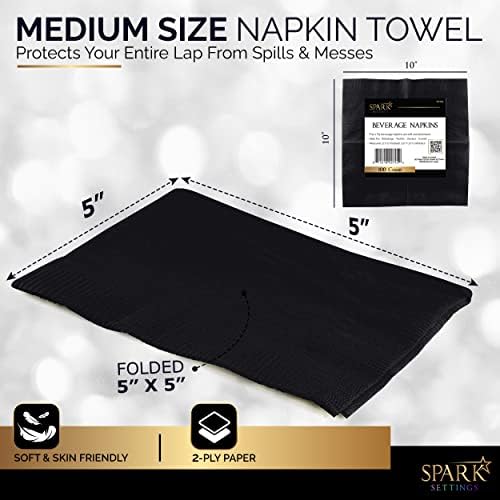 100 Pack Black Beverage Napkins, Big Party Pack, 2 Ply, Ideal for Wedding, Party, Birthday, Dinner, Lunch, Cocktails. (5” x 5”) by Amcrate