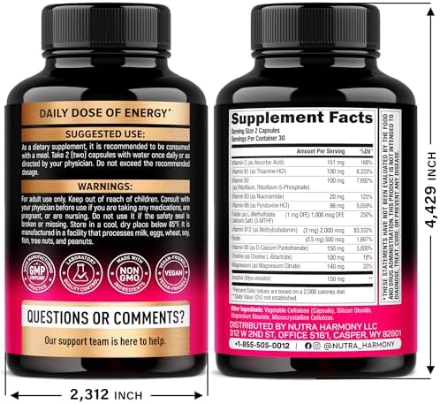 Vitamin B Complex for Men & Women - Riboflavin B2, B12, B1, B3, B5, B6, B7, B8, B9 | Vitamin C, Choline, Inositol - B-Complex Supplement - Energy, Brain & Heart Support - Made in USA, 60 Vegan Caps