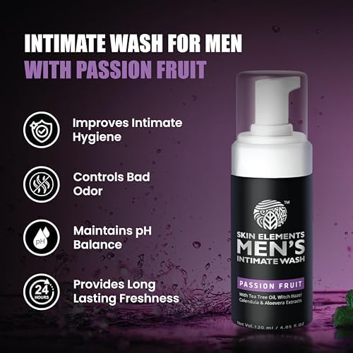 Skin Elements Intimate Wash for Men with Passion Fruit (4.05 Fl Oz) | pH Balanced Foaming Intimate Wash | Prevents Itching, Irritation & Bad Odor |