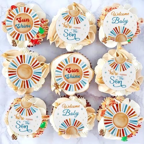Ercadio 40 Pack Edible Sunshine Cupcake Drink Toppers Edible Blue Here Comes The Sun Sunny Baby Shower Cupcake Picks for Sunshine Theme Baby Boys Birthday Party Cake Decorations
