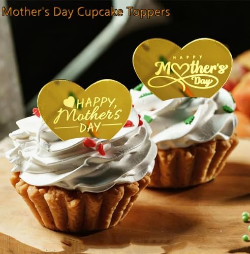 20 Pack Happy Mother's Day Cake Toppers, 5 Styles Gold Acrylic Side Cake Decorations, Heart Flower Round Cupcake Toppers for Mother's Day Mom Birthday Party Supplies
