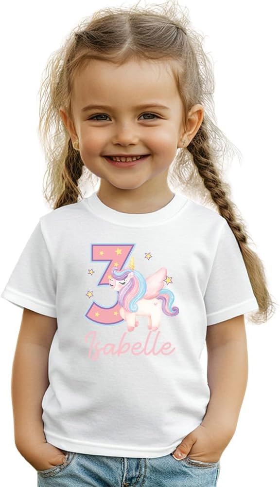 Custom Birthday Unicorn Girl T-Shirt, Personalized Unicorn Birthday Outfit, Rainbow Pastel Shirt with Name & Age for Girls