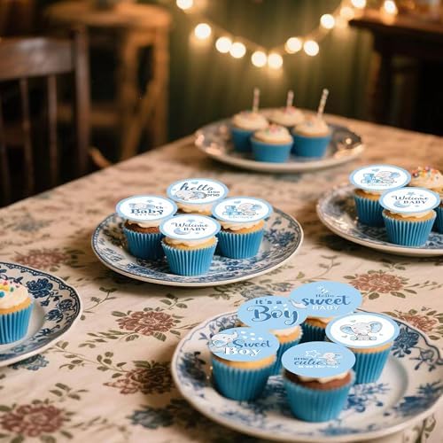 45 PCS Edible Blue Elephant Cupcake Toppers Picks Gender Reveal Cake Decorations for Elephant Theme Baby Shower Kids Birthday Party Cake Decorations Supplies