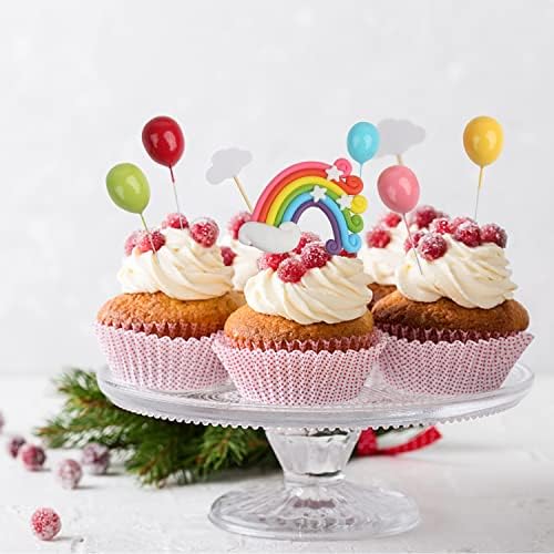 SULOLI Rainbow Cake Toppers Set, 12 Pcs Pastel Rainbow Clay Cupake Topper with Cloud Balloon for Girl Boy Kids Wedding Birthday Party Decorations
