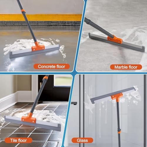 CLEANHOME Rubber Floor Squeegee for Concrete Floor, Tile Floor, Metal Aluminium Heavy Duty Garage Shower Floor Squeegee Broom for Removing Water, Commercial Scrubber Mop with Extendable Long Handle