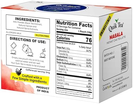 QuikTea Instant Unsweetened Masala Chai Tea Latte – 10 Count, classic latte with a hearty mix of traditional chai spices, low Caffeine, No artificial colors, flavors, preservatives – Just Add Hot Water