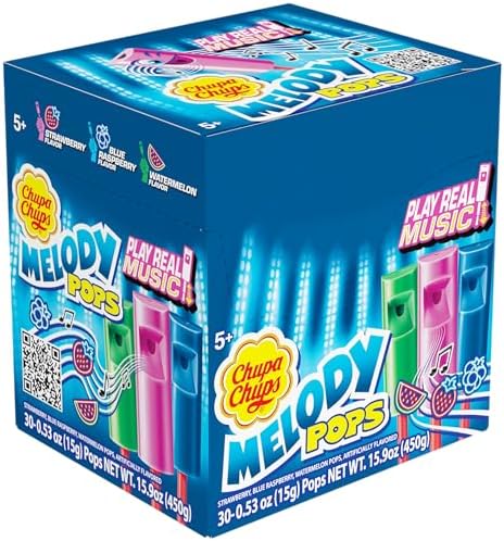 Chupa Chups Melody Pop, Assorted Flavors, Whistle Lollipops, Individually Wrapped Candy, 30 Count Showbox Case, 450 Grams