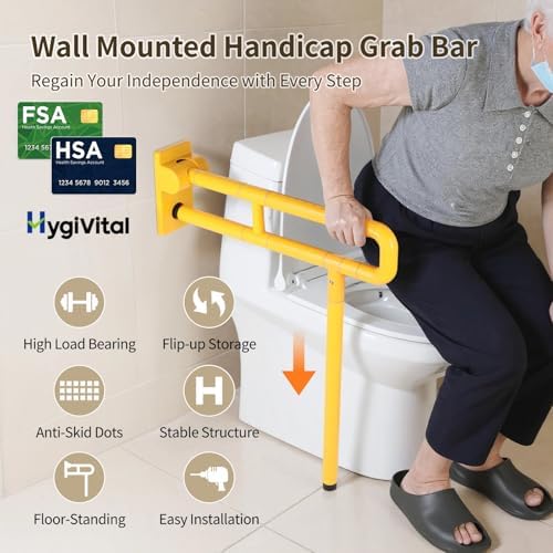 Flip Up Handicap Grab Bars, Wall Mounted Folding Toilet Safety Rails, Non-Slip Toilet Grab Bar, Stainless Steel&Luminous Bathroom Assist Handrail for Elderly, Disabled, Pregnant, 350lbs