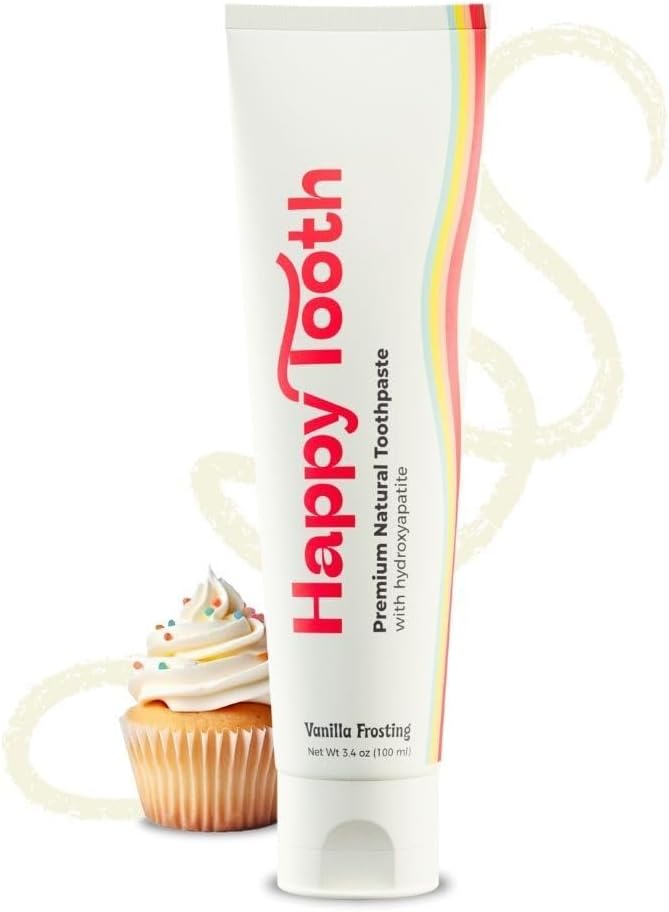Happy Tooth Hydroxyapatite Toothpaste, Fluoride Free, Natural Whitening for Kids, Toddlers and Adults, SLS Free, Enamel Safe, Dentist Formulated with Clean Ingredients, Vanilla Frosting Flavor, 3.4oz