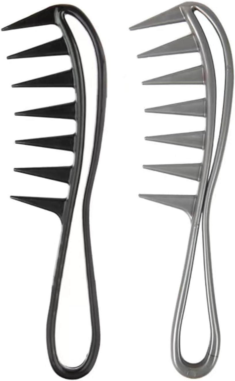 2Pcs Wide Tooth Comb for Wet Curly Wavy Thick Long Hair - Premium Plastic Grip for Wigs, Barber Salon - Large Shark Teeth Anti-Static Hair Combs for Men Women (Black, Grey)
