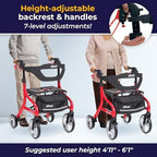 Drive Medical Nitro Sprint Foldable Rollator Walker with Seat - Lightweight Support - Large Wheels - Compact Folding Design - Adjustable Comfort - Standard Size - Red