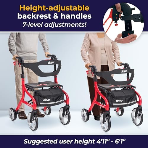 Drive Medical Nitro Sprint Foldable Rollator Walker with Seat - Lightweight Support - Large Wheels - Compact Folding Design - Adjustable Comfort - Standard Size - Red