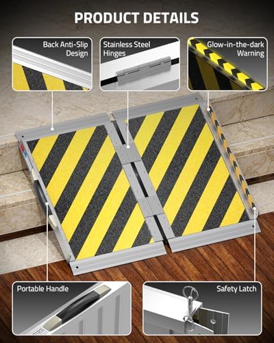 2 FT Portable Wheelchair Ramp, 800LBS Capacity Foldable Aluminum Handicap Ramps with Handle, Ramps for Wheel Chairs for Home Steps, Doorway, Threshold, Front Porch, Entry (Yellow-Black, 2FT)