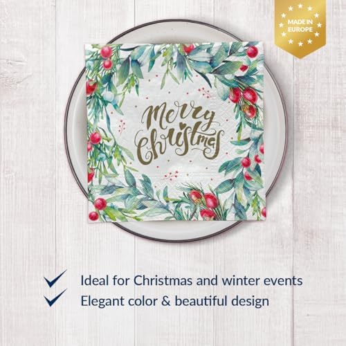 PAW - Christmas Luncheon Napkins 6,5'' x 6,5'', Merry Christmas Disposable Floral Paper Napkins, Lunch Napkins for Winter Birthdays, Parties, New Years, Decoupage, 50 Count
