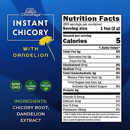 CHICORAYA Instant Chicory Coffee - Best for Decaf and Diet - Keto & Vegan Beverage Blend - Coffeine-Free Cofee Substitute Alternative - Roasted Root Powder, No Sugar (Dandelion, 14.1 oz)