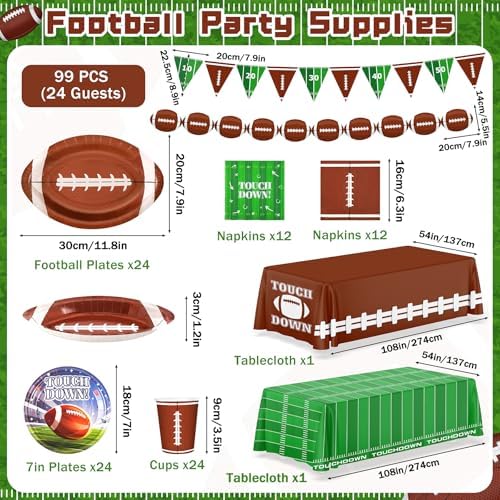 99PCS Football Party Tableware Supplies,Set of 24 Football Plates Napkins Cups,11.8in Football Shaped Disposable Paper Plates,Banner and Touchdown Tablecloth for Birthday Gameday Tailgate Decoration