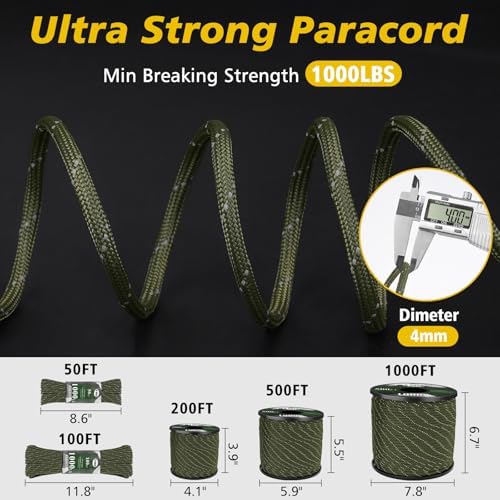 X XBEN Paracord Reflective 1000lb, 50/100/200/500/1000ft 4mm, 13 Strand Paracord Rope, Tactical Parachute Cord for Camping, Fishing, Clothesline, Hammock, Tent & Survival Bracelet, Army Green