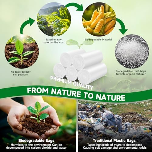 2 Gallon Biodegradable Mini Trash Bags - White Compostable Small Garbage Bag For Bathroom Can Unscented Kitchen Office Car Waste Basket Liners 100 count Tiny Strong Thick Chenyucheng