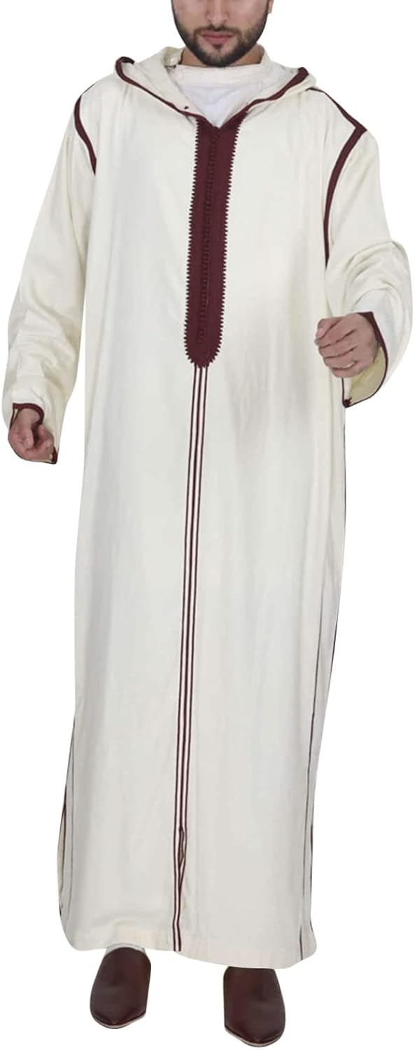 Mens Kaftan Thobe Linen Prayer Robe for Muslim Men Long Sleeve Casual Shirt Eid Wear Moroccan Abaya Robe