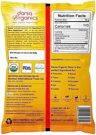 Darsa Organics Chickpea Flour 2 lb - Premium Stone Ground Besan Flour - Gluten Free Garbanzo Bean Flour for Baking and Cooking - Non-GMO Gram Flour, Chemical Free, Vacuum Sealed Bag