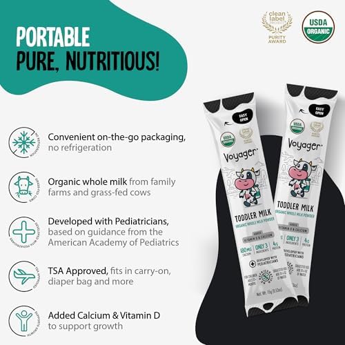 Voyager Toddler Milk On The Go, USDA Organic Shelf Stable Whole Milk Powder, Great for Travel, No Refrigeration, Gluten Free with No GMO's and No Antibiotics for Kids, 16 Sachets of 15g