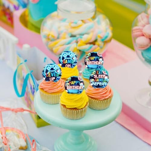 40PCS Edible Video Game Cupcake Toppers Bonus Level Up Game on GamePad Cupcake Picks for Video Games Baby Shower Boys Girls Gamer Birthday Party Decorations Supplies