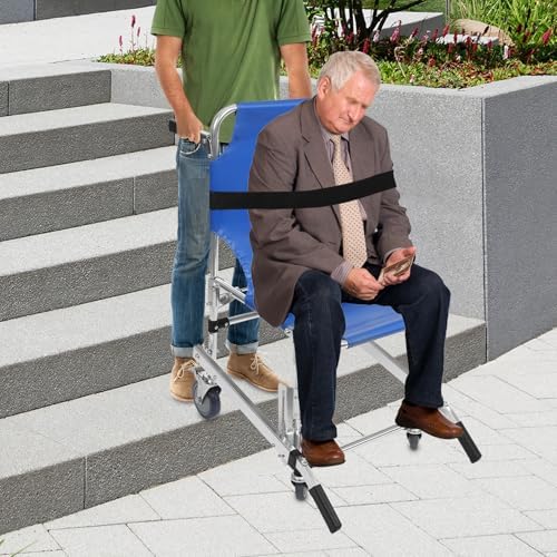4-Wheel Stair Chair for Safe Stair Evacuation & Transport | Portable Mobility Aid for Seniors & Disabled | Blue Emergency Staircase Chair with Padded Seat & Backrest