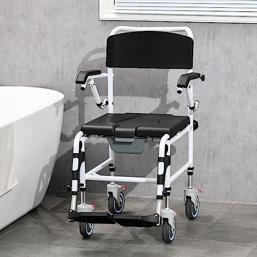 HOMCOM Accessibility Commode Wheelchair, Rolling Shower Wheelchair with 4 Castor Wheels, Rectangle Detachable Bucket, & Waterproof Design, 17" Seat Width, Black