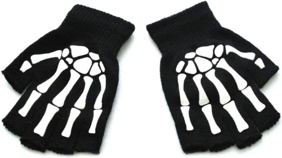 Toddler Kids Halloween Cosplay Skeleton Skull Half Finger Gloves Glow in The Dark Luminous Fingerless Winter Mittens Black+White