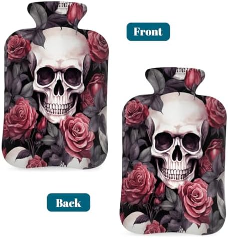 Hot Water Bottle with Cover 2L Rose Skull Gothic Skeleton Hot Water Bag for Pain Relief Period Cramps, Winter Warmer