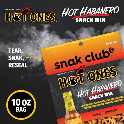 Snak Club x Hot Ones Hot Habanero Snack Mix, Spicy Snacks with Peanuts, Pretzels, Sesame Sticks, Toasted Corn & Cashews, Inspired by Hot Ones Hot Sauce, 10 oz Bag
