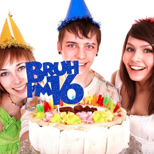 Bruh I'm 16 Cake Topper, Bro I'm 16, Happy Sweet 16, Happy 16th Birthday Party Decorations Supplies for Boys, Blue Glitter