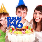 Bruh I'm 16 Cake Topper, Bro I'm 16, Happy Sweet 16, Happy 16th Birthday Party Decorations Supplies for Boys, Blue Glitter