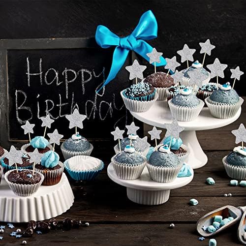Gyufise 42Pcs Little Star Cupcake Toppers Glitter Twinkle Star Cupcake Picks Wedding Engagement Baby Shower Birthday Party Cake Decorations Supplies Mixed Size Silver