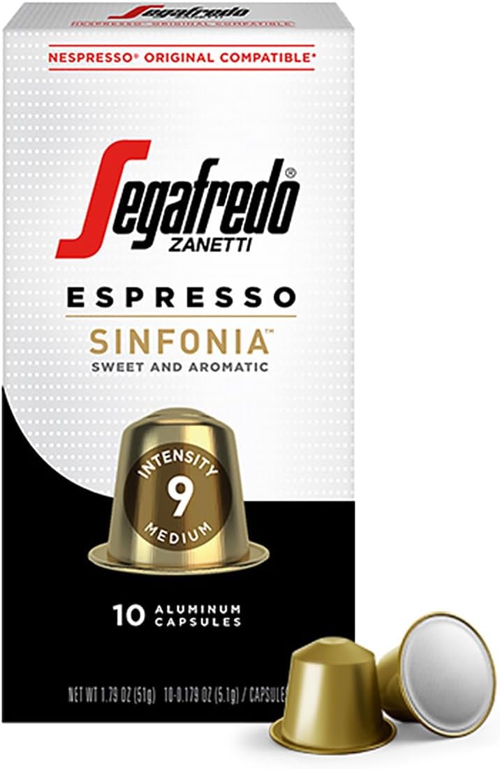 Segafredo Zanetti Espresso Capsules – Aluminum Pods for Nespresso Original Machines – Medium Roast Premium Espresso with a Sweet Aroma – Subtle, Intensity 9 – Sinfonia, 10 Count