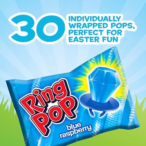Ring Pop Blue Easter Candy, 30 Ct Individually Wrapped Bulk Lollipop Pack, Blue Raspberry Flavored Lollipop Suckers for Kids, Fun Candy Bulk for Easter Basket Stuffers, Egg Fillers, Party Favors