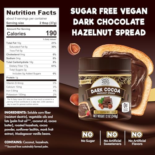 ChocZero Vegan Cocoa Hazelnut Spread – Sugar Free, Keto Friendly, Low Carb Chocolate Dessert & Bread Topping, Gluten Free, High Fiber, 12 oz Jar
