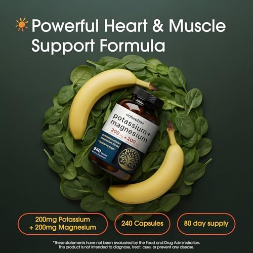 NatureBell Potassium Magnesium - 240 Capsules - 200mg Potassium Citrate & 200mg Magnesium Citrate - High Absorption Electrolyte & Circulation Support* - Muscle & Heart Support*