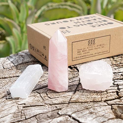 MIMOSA Healing Crystal Wand Rose Quartz, Raw Rose Quartz &Selenite