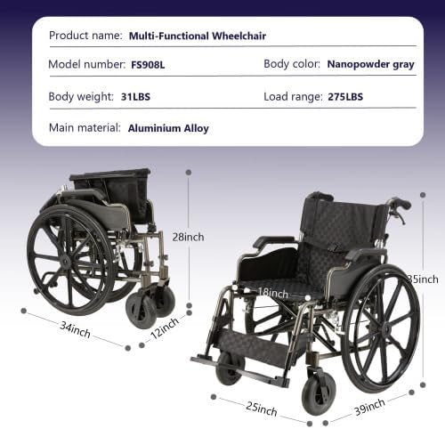 Lightweight Foldable Manual Wheelchair for Adults with 18" Seat & 275 lbs Capacity - Front/Rear Locking Brakes, 24" Quick-Release PU Wheels, Removable Footrest (Nano Gray)